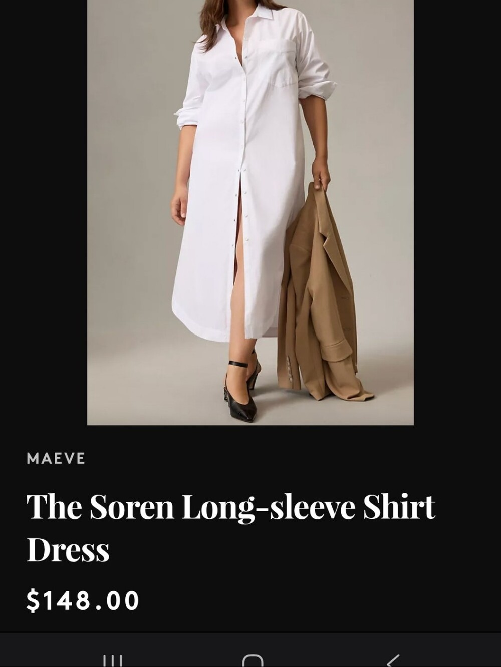 Maeve White The Soren Long-Sleeve  Maxi Shirt Dress Sz Xs -S 100% Cotton